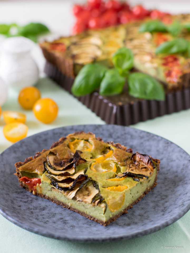 Tomaten-Zucchini-Quiche mit Basilikumcreme und Pumpernickelboden - Die ...